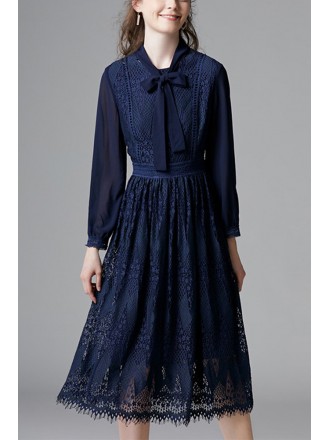 L-5XL Romantic Navy Blue Lace Dress with Long Sleeves