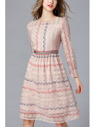 L-5XL Lace Striped Wedding Guest Dress with Long Sleeves
