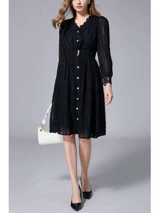 L-5XL Little Black Dress with Buttons Long Sleeves