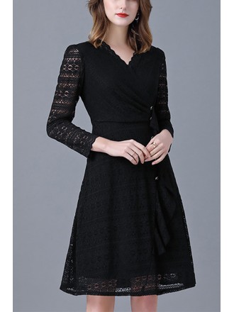 L-5XL Little Black Aline Lace Dress Vneck with Sleeves