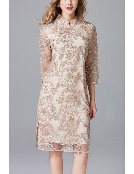 L-5XL Champagne Lace Cocktail Dress with Sleeves