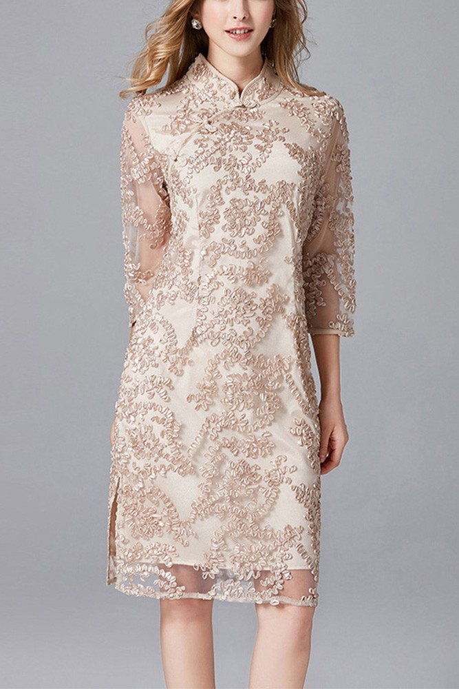 Lace Empire Maxi Dress with Short Sleeves Champagne