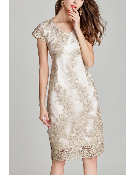 L-5XL Elegant Champagne Embroidered Cocktail Dress with Cap Sleeves