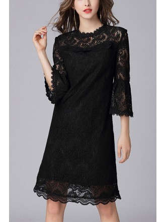 L-5XL Modest Aline Lace Short Dress with Flare Sleeves
