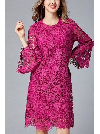 L-5XL Women Hot Pink Lace Dress with Flare Sleeves