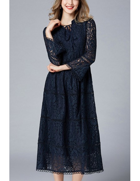L-5XL Navy Blue Lace Midi Dress with 3/4 Sleeves