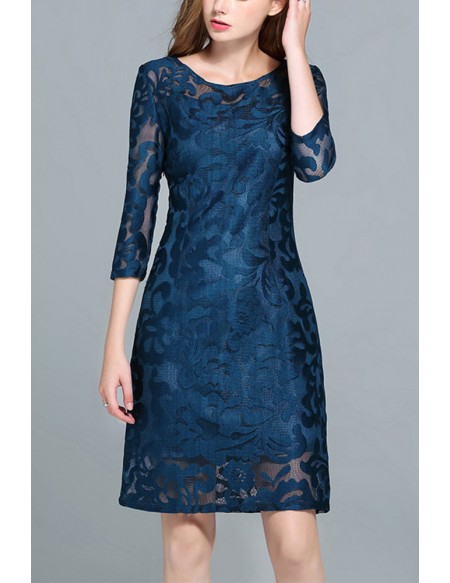 L-5XL Elegant Ink Blue Lace Wedding Guest Dress with Sleeves