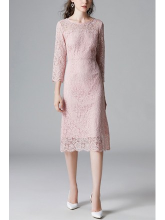 L-5XL Plus Size Gorgeous Pink Lace Midi Dress with Sleeves
