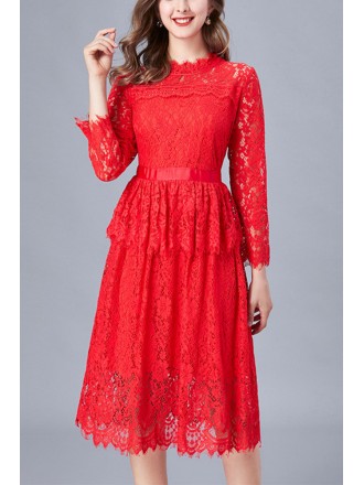 L-5XL Women Red Lace Knee Length Party Dress with Long Sleeves