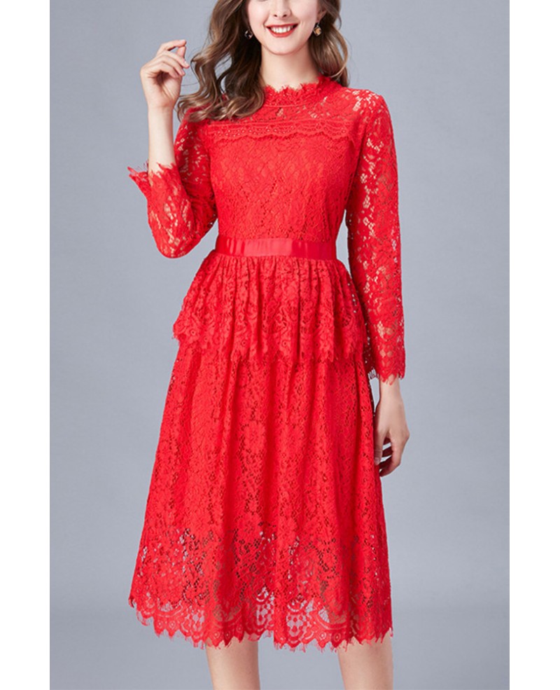 L-5XL Women Red Lace Knee Length Party Dress with Long Sleeves #ZTY051 ...