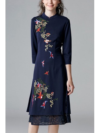 L-5XL Navy Blue Women Party Dress with Embroidery