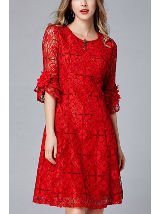 L-5XL Aline Red Lace Party Dress with Flare Sleeves