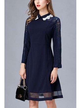 L-5XL Navy Blue Long Sleeved Aline Dress With Lace Collar