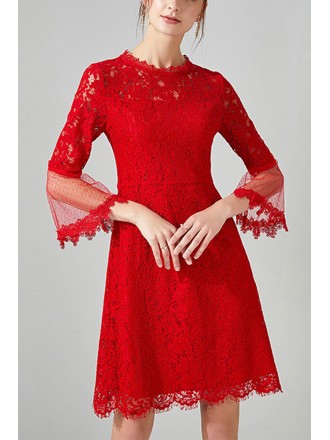 L-5XL Little Red Lace Party Dress With Flare Sleeves