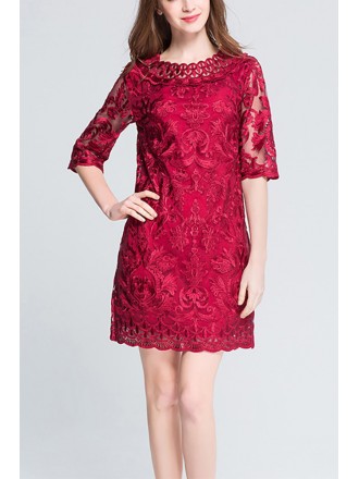 L-5XL Plus Size Burgundy Embroidered Women Party Dress With Half Sleeves