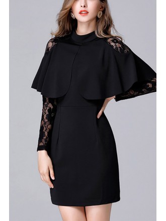 L-5XL Chic Little Black Party Dress High Neck With Lace Long Sleeves