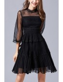 L-5XL Little Black Lace Tulle Party Dress With Bubble Sleeves