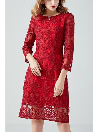 L-5XL Classy Red Embroidered Wedding Party Dress With Sleeves