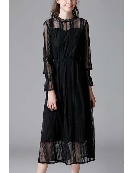 L-5XL Black Tea Length Dress With Sheer Long Sleeves #ZTY133 - GemGrace.com