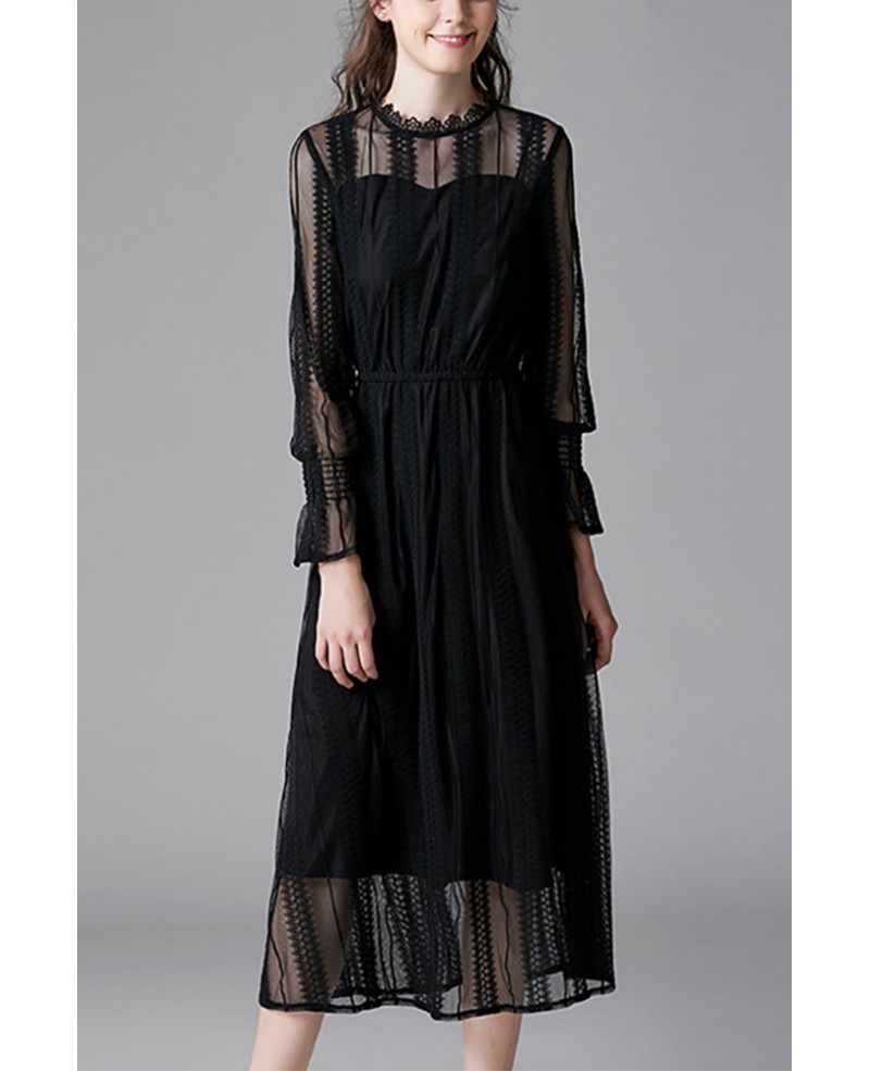 L-5XL Black Tea Length Dress With Sheer Long Sleeves #ZTY133 - GemGrace.com