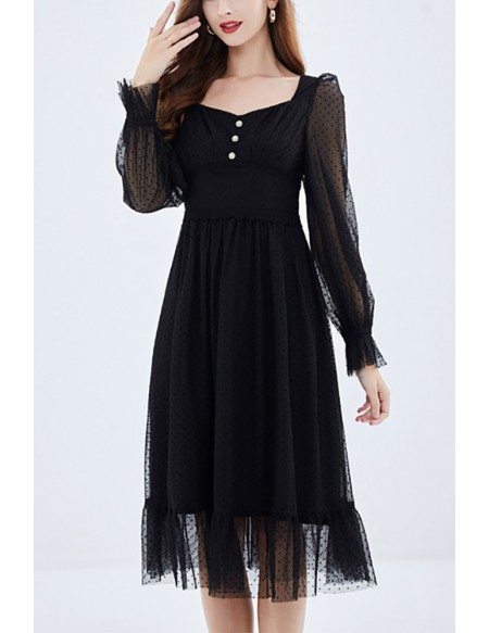 L-5XL Little Black Polka Dot Aline Dress Plus Size With Long Sleeves