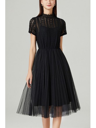 L-5XL Retro Little Black Pleated Tulle Dress With Lace High Neck