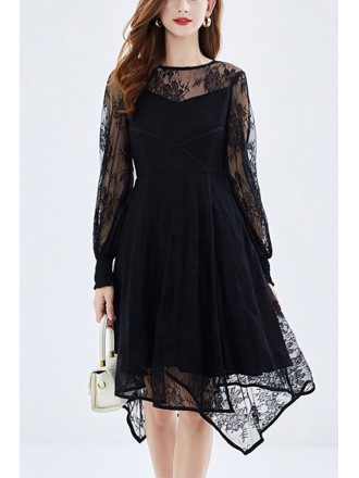 L-5XL Little Black Lace Party Dress With Sheer Long Sleeves