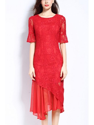 L-5XL Lace Sleeved Sheath Red Party Dress With Ruffles