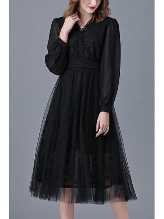 L-5XL Elegant Black Lace Tulle Tea Length Party Dress With Long Sleeves