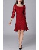 L-5XL Burgundy Lace Hi-lo Party Dress Square Neck With Sleeves
