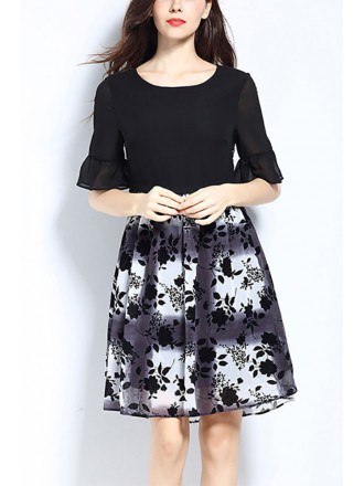 L-5XL Black Flower Prints Summer Chiffon Dress With Sleeves