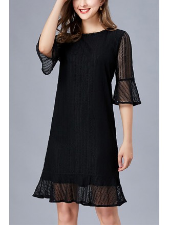 L-5XL Little Black Nature Waist Plus Size Dress With Flare Sleeves