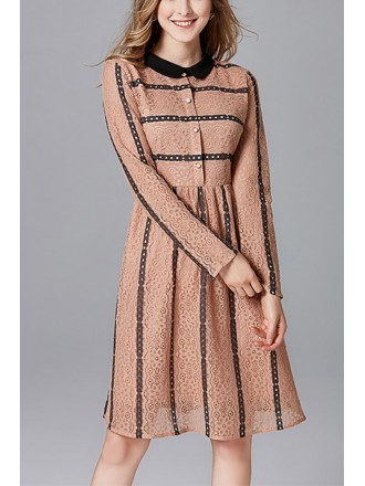 L-5XL Apricot Short Lace Dress Long Sleeved With Collar