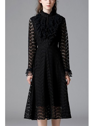L-5XL Midi Black Lace Long Sleeved Dress With High Neck