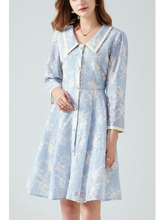 L-5XL Blue Aline Long Sleeved Dress With Collar