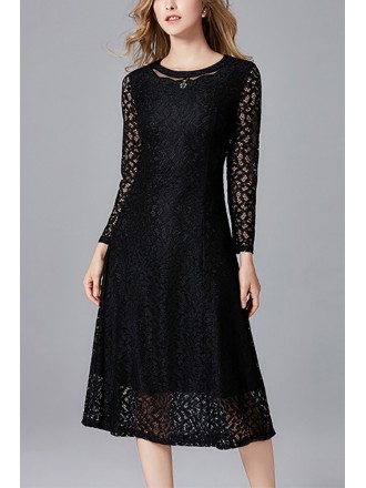 L-5XL Modest Black Lace Long Sleeved Dress For Women