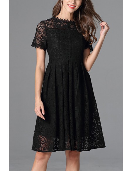 L-5XL Little Black Lace Aline Dress Pleated With Short Sleeves