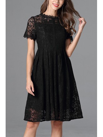 L-5XL Little Black Lace Aline Dress Pleated With Short Sleeves