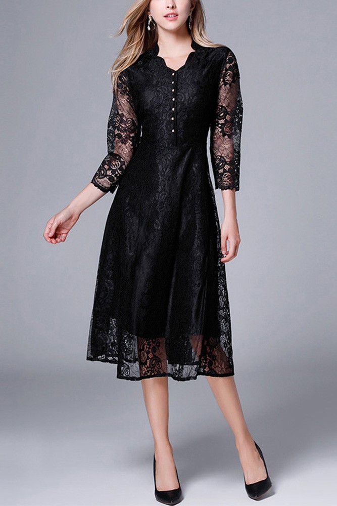 Lattice Lace Sheer Panelled Midi Dress - Black