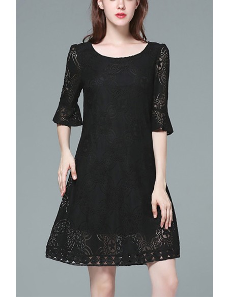 L-5XL Plus Size Lace Short Dress With Flare Sleeves