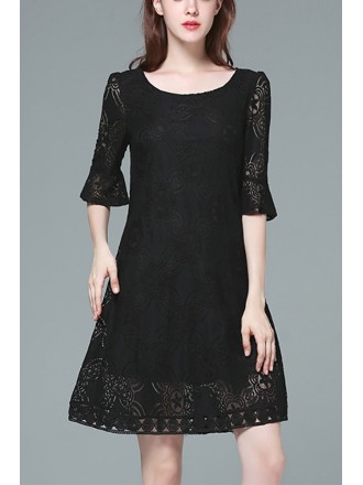 L-5XL Plus Size Lace Short Dress With Flare Sleeves