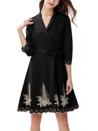 L-5XL Black Vneck Embroidered Short Dress With Sash