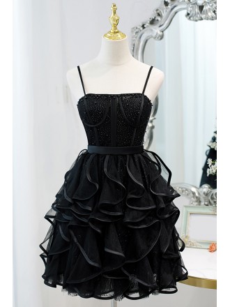 Special Black Ruffled Short Homecoming Dress with Spaghetti Straps
