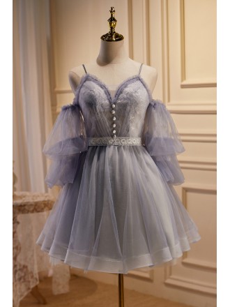 Fantasy Dusty Short Tulle Homecoming Dress with Sleeves