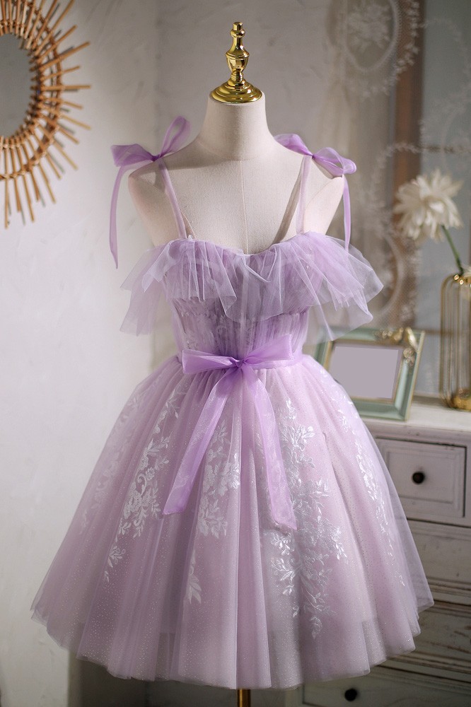 Gorgeous Purple Puffy Short Tulle Homecoming Dress with Bow Knot Straps ...