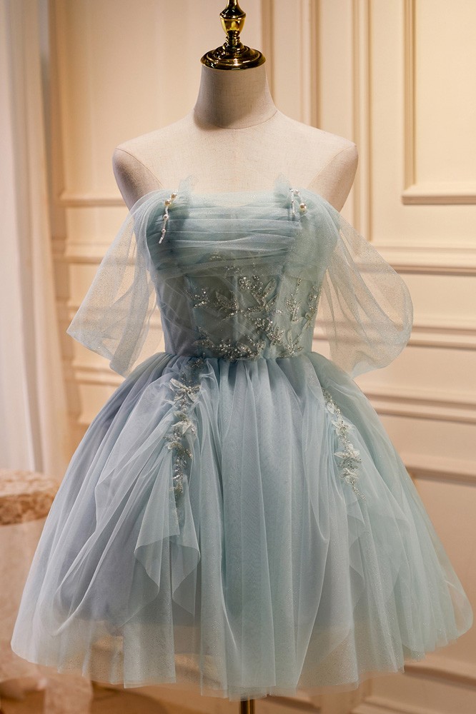 Classy Gray Strapless Tulle Beaded Feathers Short Homecoming Dress Birthday Outfits Y9528 main image 0