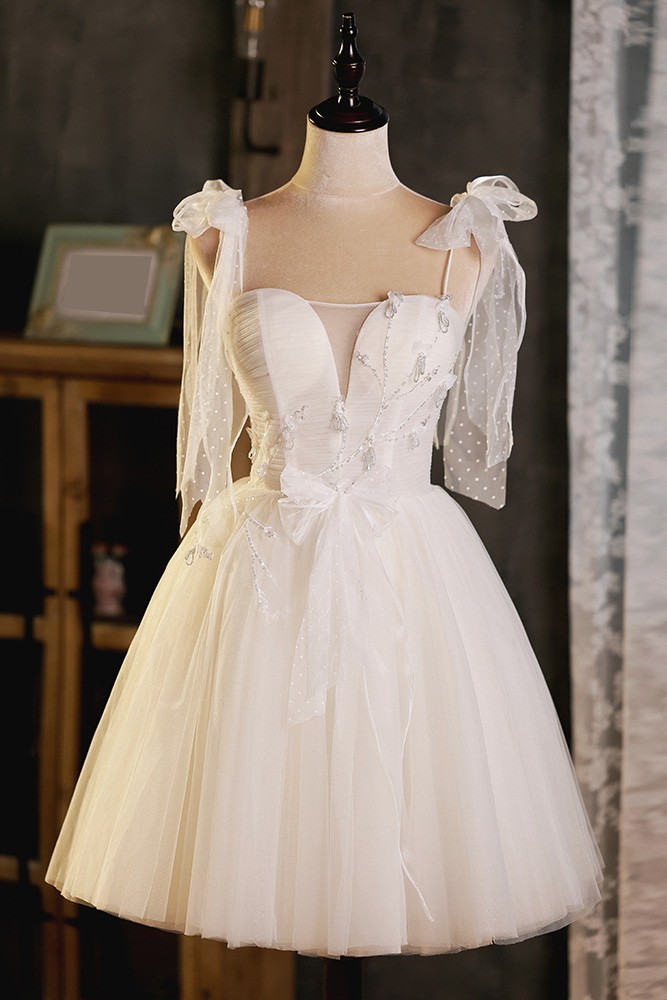 Light Champagne Sheath Strapless Corset Tulle Sequin Short Homecoming Dress Cocktail Dress