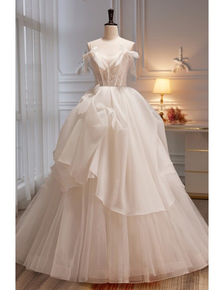 Princess Ruffled Ivory Ballgown Wedding Dress with Bow Knot Straps