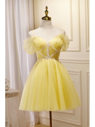 Yellow Short Tulle Hoco Dress with Straps Off Shoulder