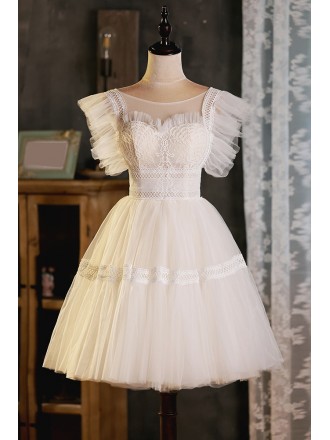 Light Champagne Short Tulle Homecoming Dress with Lace